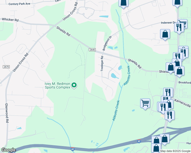 map of restaurants, bars, coffee shops, grocery stores, and more near 1250 Whitworth Court in Kernersville