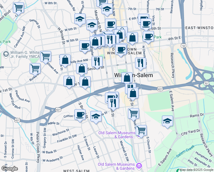 map of restaurants, bars, coffee shops, grocery stores, and more near 1770 Marshall Street Southwest in Winston-Salem