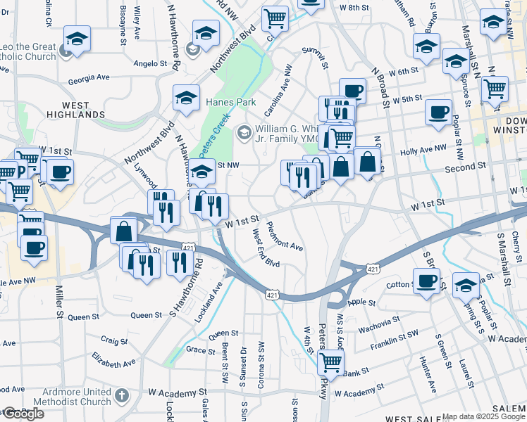 map of restaurants, bars, coffee shops, grocery stores, and more near 1326 West 1st Street in Winston-Salem