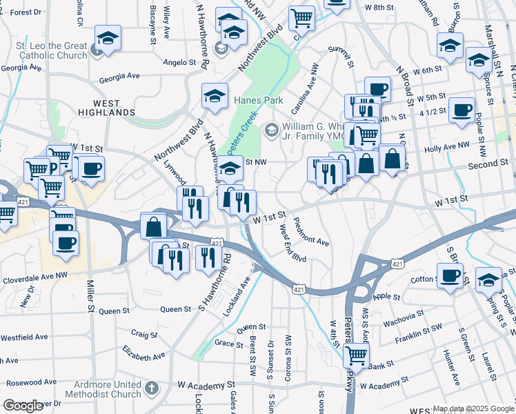 map of restaurants, bars, coffee shops, grocery stores, and more near 1407 West 1st Street in Winston-Salem