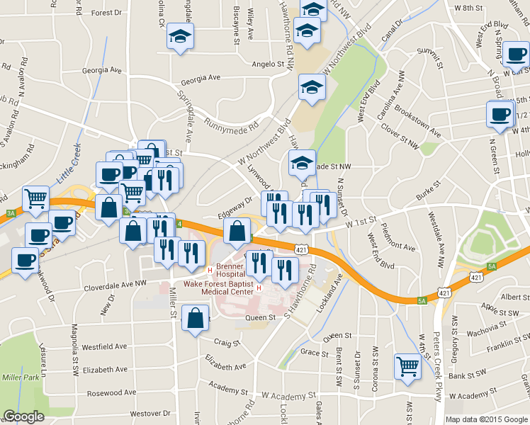 map of restaurants, bars, coffee shops, grocery stores, and more near 1590 West 1st Street in Winston-Salem