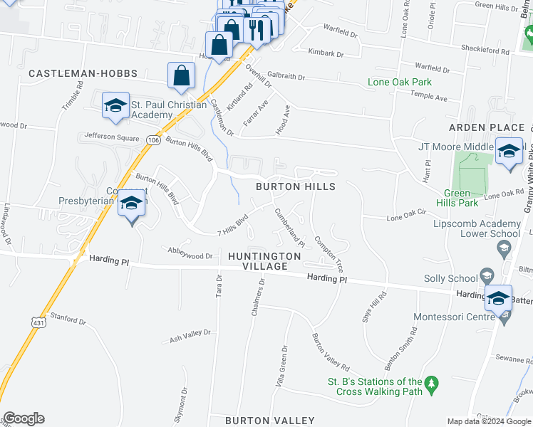 map of restaurants, bars, coffee shops, grocery stores, and more near 816 Cherry Laurel Court in Nashville