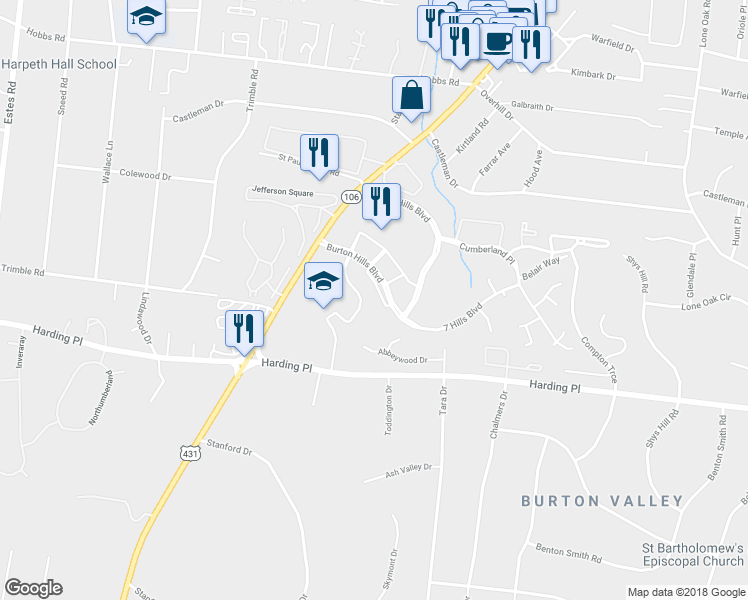 map of restaurants, bars, coffee shops, grocery stores, and more near 15 Burton Hills Boulevard in Nashville