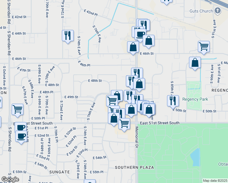 map of restaurants, bars, coffee shops, grocery stores, and more near 7646 East 49th Street in Tulsa