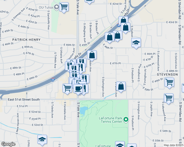 map of restaurants, bars, coffee shops, grocery stores, and more near 4740 South Braden Avenue in Tulsa