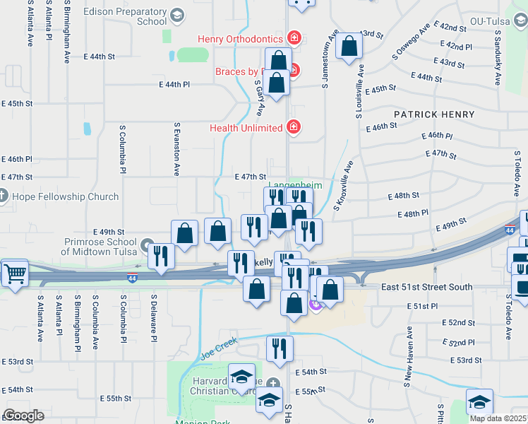 map of restaurants, bars, coffee shops, grocery stores, and more near 3167 East 49th Street in Tulsa