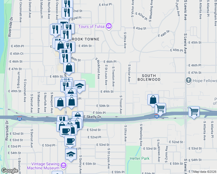 map of restaurants, bars, coffee shops, grocery stores, and more near 1519 East 49th Street in Tulsa