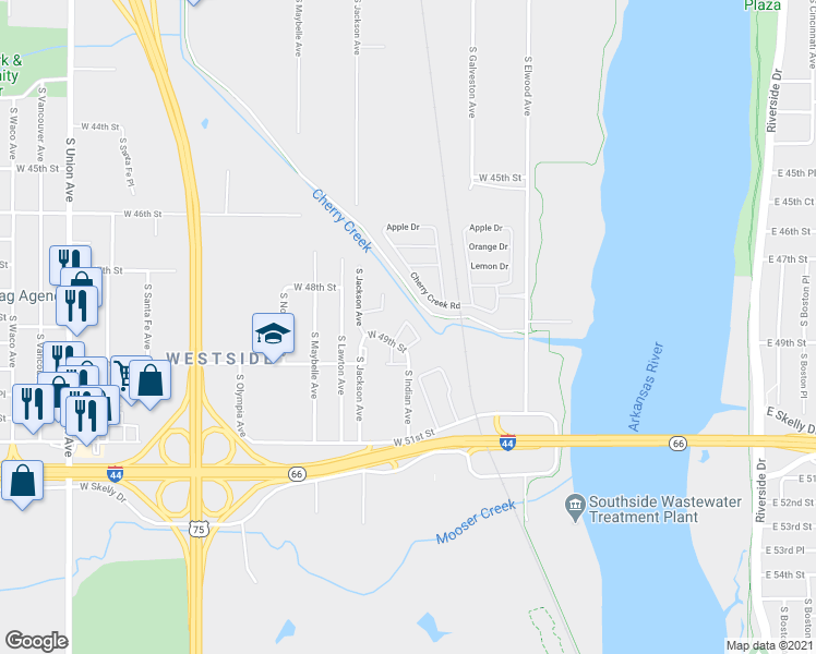 map of restaurants, bars, coffee shops, grocery stores, and more near 10 West 49th Street in Tulsa