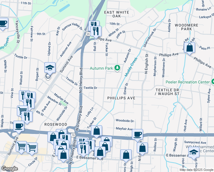 map of restaurants, bars, coffee shops, grocery stores, and more near 1703 Textile Drive in Greensboro