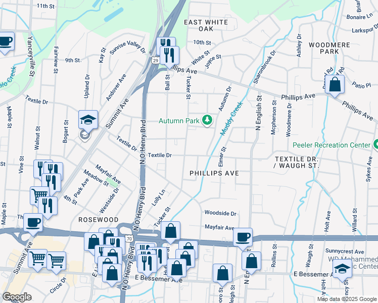 map of restaurants, bars, coffee shops, grocery stores, and more near 1703 Textile Drive in Greensboro