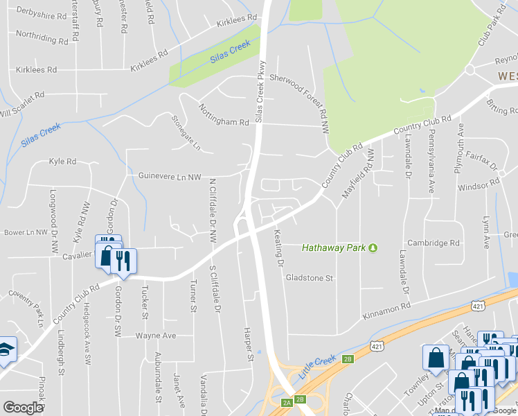 map of restaurants, bars, coffee shops, grocery stores, and more near 168 Highwood Lane in Winston-Salem