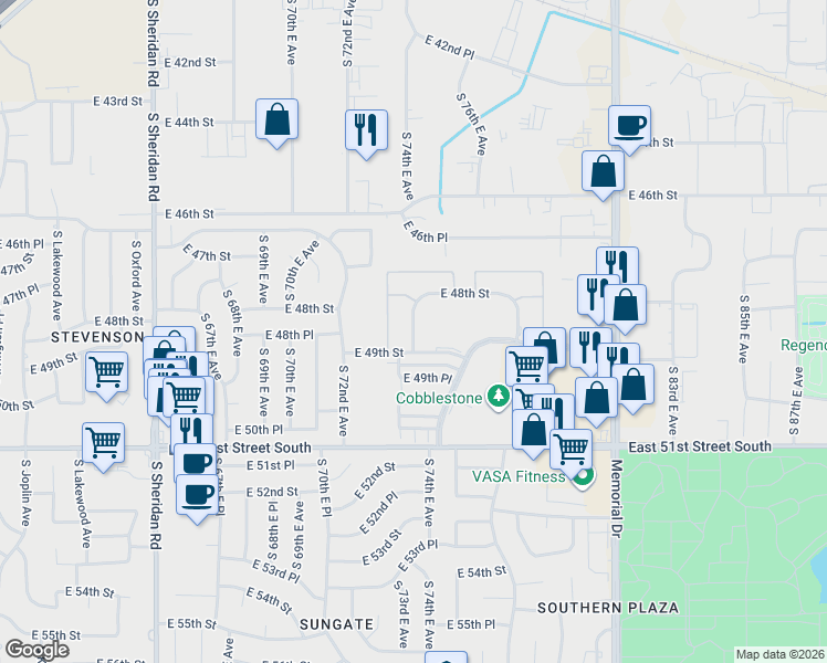 map of restaurants, bars, coffee shops, grocery stores, and more near 4819 South 74th East Avenue in Tulsa
