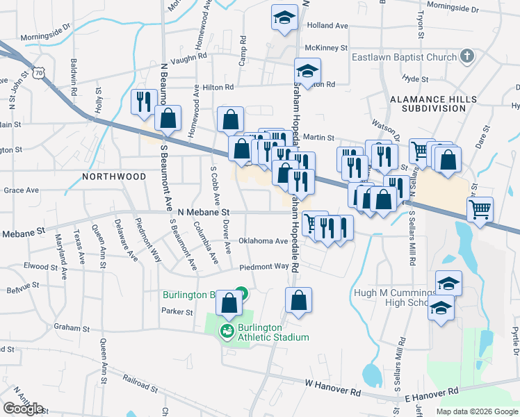 map of restaurants, bars, coffee shops, grocery stores, and more near 1709 N Mebane St in Burlington