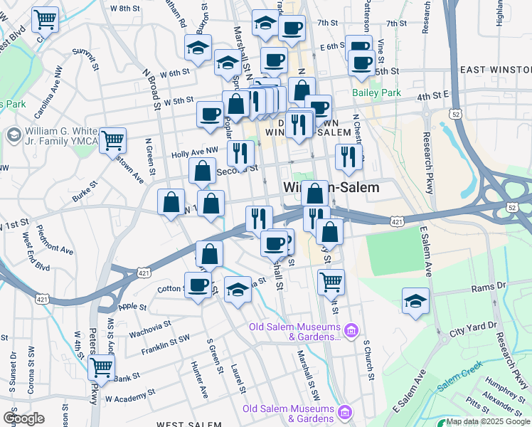 map of restaurants, bars, coffee shops, grocery stores, and more near 116 Marshall Street South in Winston-Salem