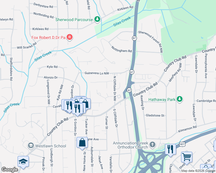 map of restaurants, bars, coffee shops, grocery stores, and more near 116 South Cliffdale Drive in Winston-Salem