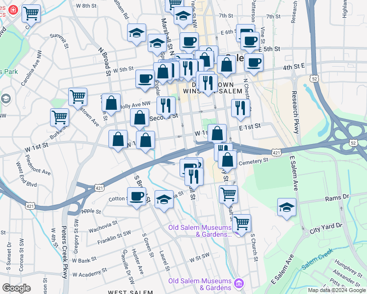 map of restaurants, bars, coffee shops, grocery stores, and more near 116 Marshall Street South in Winston-Salem