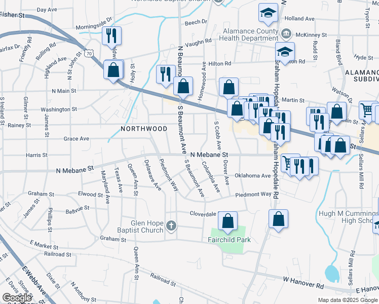 map of restaurants, bars, coffee shops, grocery stores, and more near 501 Columbia Avenue in Burlington