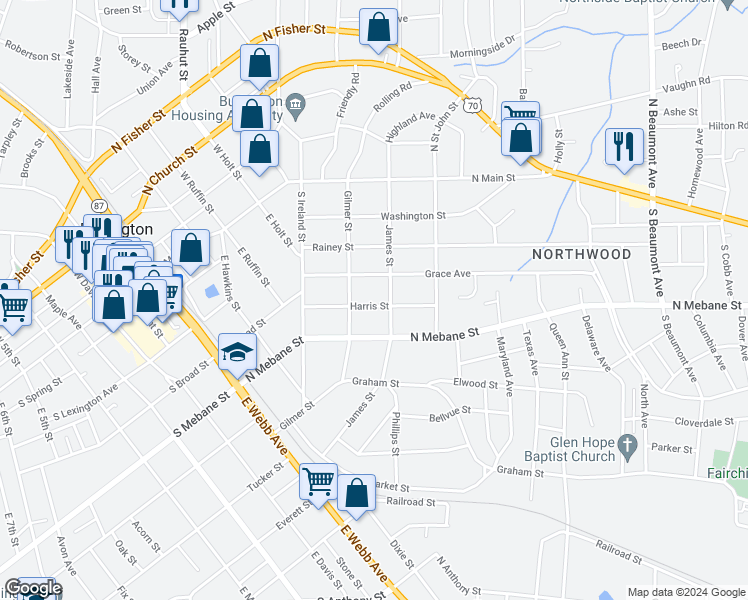 map of restaurants, bars, coffee shops, grocery stores, and more near 814 Harris Street in Burlington