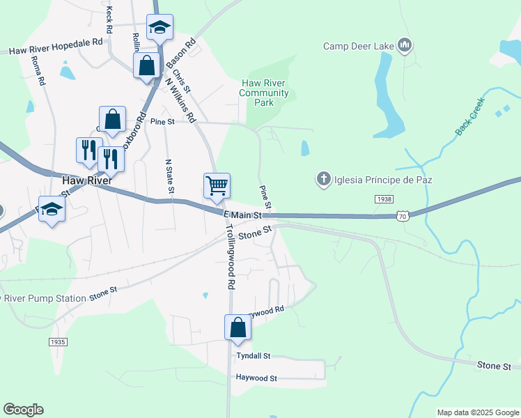 map of restaurants, bars, coffee shops, grocery stores, and more near 1324 East Main Street in Mebane