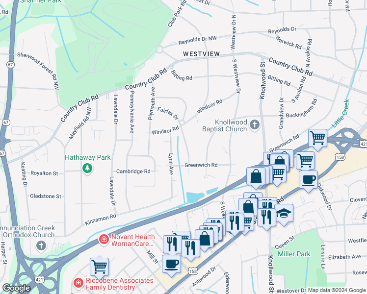 map of restaurants, bars, coffee shops, grocery stores, and more near 340 Fairfax Drive in Winston-Salem