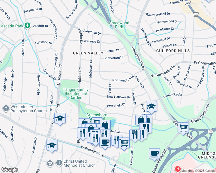 map of restaurants, bars, coffee shops, grocery stores, and more near 2923 West Cornwallis Drive in Greensboro