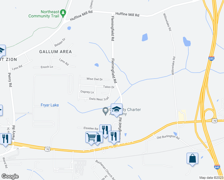 map of restaurants, bars, coffee shops, grocery stores, and more near 2312 Owls Nest Trail in Greensboro