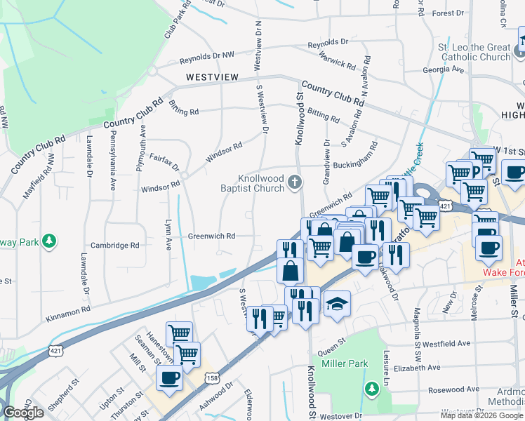 map of restaurants, bars, coffee shops, grocery stores, and more near 371 South Westview Drive in Winston-Salem