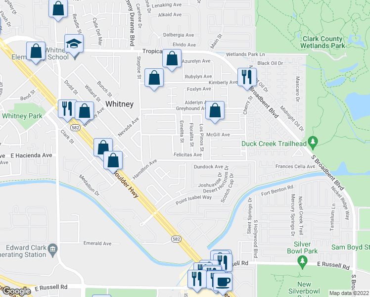 map of restaurants, bars, coffee shops, grocery stores, and more near 5288 Emelita Street in Las Vegas