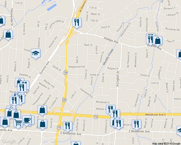 map of restaurants, bars, coffee shops, grocery stores, and more near 1709 Textile Drive in Greensboro