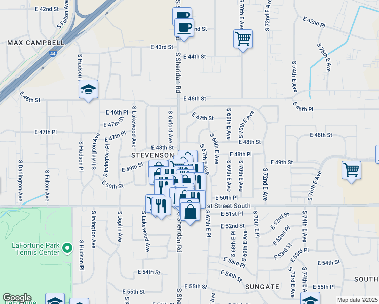 map of restaurants, bars, coffee shops, grocery stores, and more near 4853 South Sheridan Road in Tulsa