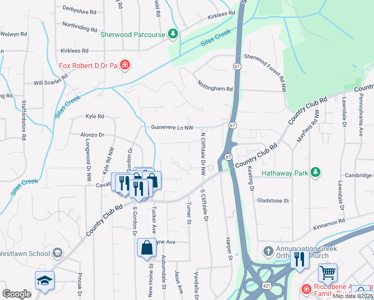 map of restaurants, bars, coffee shops, grocery stores, and more near 116 South Cliffdale Drive in Winston-Salem