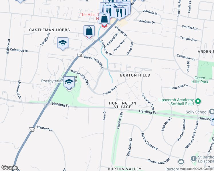 map of restaurants, bars, coffee shops, grocery stores, and more near 11 Burton Hills Boulevard in Nashville