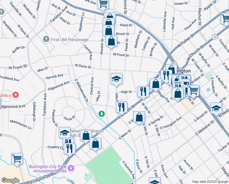 map of restaurants, bars, coffee shops, grocery stores, and more near 406 Hillcrest Avenue in Burlington