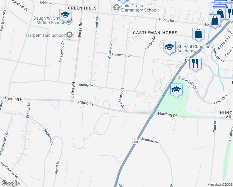map of restaurants, bars, coffee shops, grocery stores, and more near 4402 Charleston Place Circle in Nashville