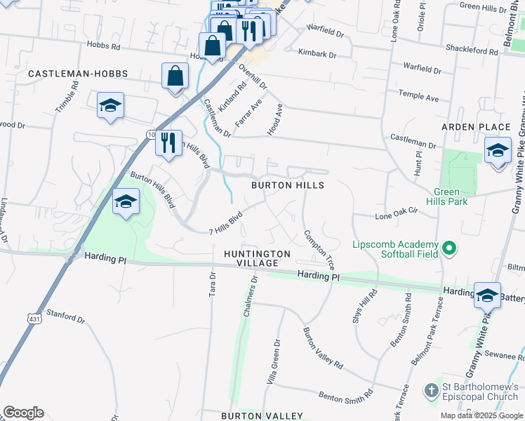 map of restaurants, bars, coffee shops, grocery stores, and more near 702 Arkland Place in Nashville