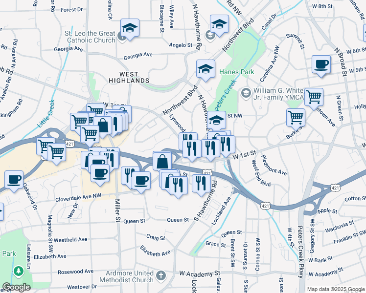 map of restaurants, bars, coffee shops, grocery stores, and more near 1606 West 1st Street in Winston-Salem