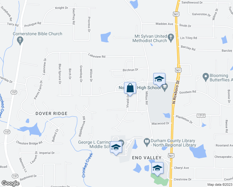 map of restaurants, bars, coffee shops, grocery stores, and more near 425 Walsenburg Drive in Durham
