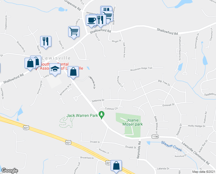 map of restaurants, bars, coffee shops, grocery stores, and more near 1320 Thriftwood Trail in Lewisville