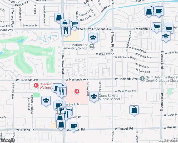 map of restaurants, bars, coffee shops, grocery stores, and more near 5250 South Rainbow Boulevard in Las Vegas
