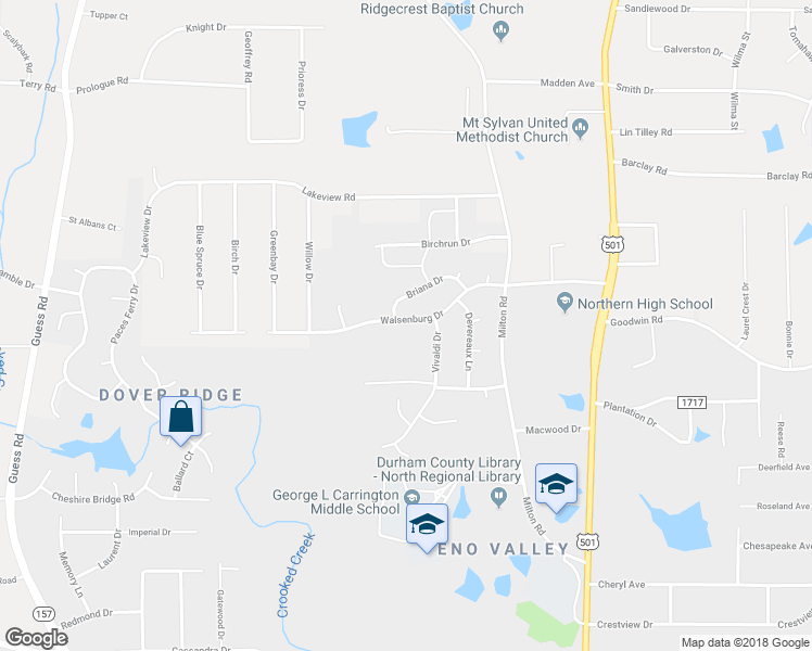 map of restaurants, bars, coffee shops, grocery stores, and more near 417 Walsenburg Drive in Durham
