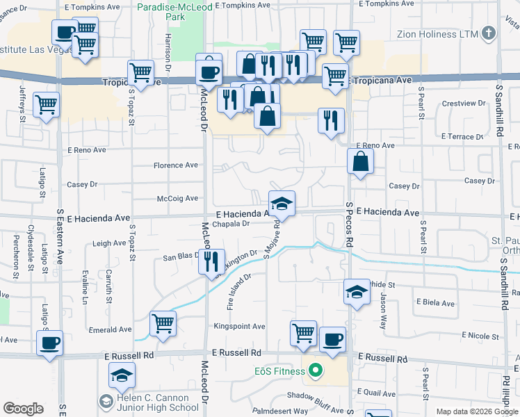 map of restaurants, bars, coffee shops, grocery stores, and more near 3148 Chapala Drive in Las Vegas