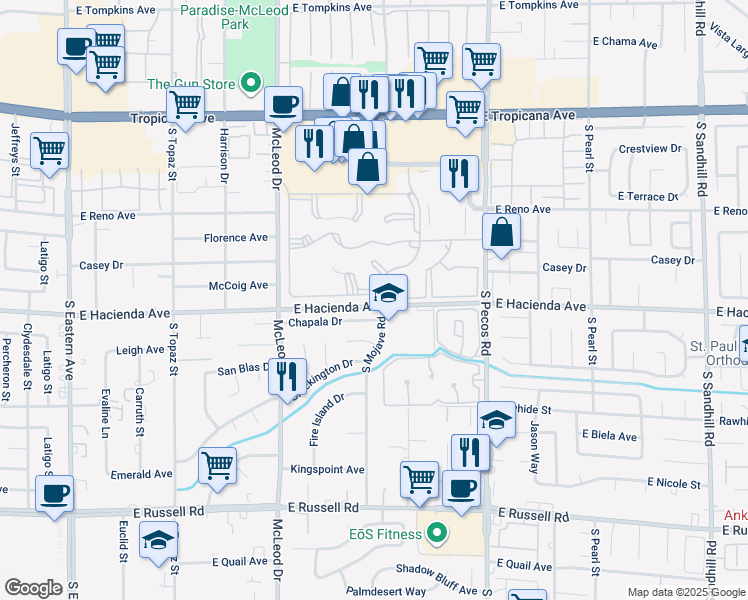 map of restaurants, bars, coffee shops, grocery stores, and more near 3198 Chapala Drive in Las Vegas
