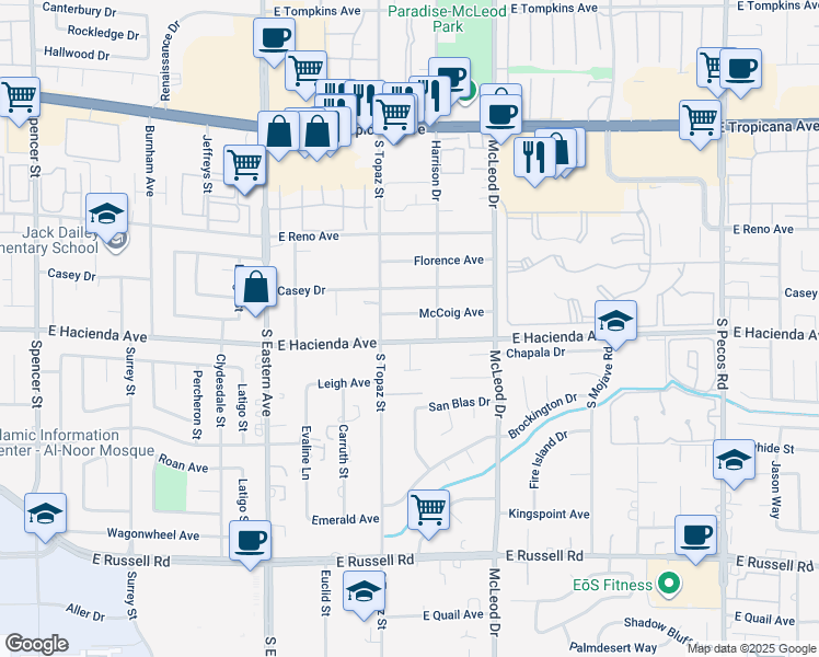 map of restaurants, bars, coffee shops, grocery stores, and more near 2715 East Hacienda Avenue in Las Vegas