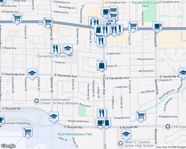 map of restaurants, bars, coffee shops, grocery stores, and more near 5300 Clydesdale Street in Las Vegas