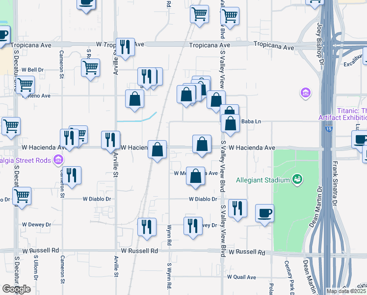 map of restaurants, bars, coffee shops, grocery stores, and more near 4055 West Hacienda Avenue in Las Vegas