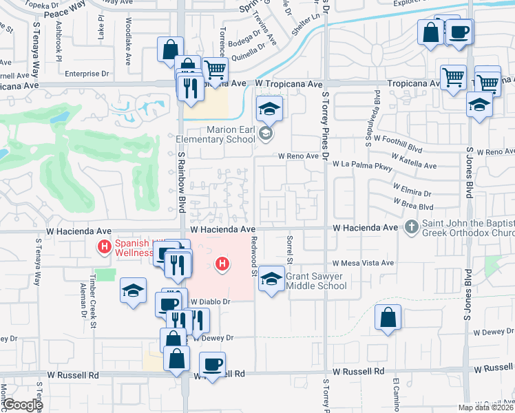 map of restaurants, bars, coffee shops, grocery stores, and more near 5250 South Rainbow Boulevard in Las Vegas