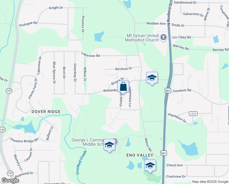 map of restaurants, bars, coffee shops, grocery stores, and more near 519 Vivaldi Drive in Durham