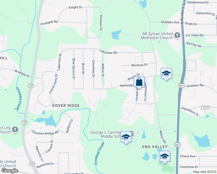 map of restaurants, bars, coffee shops, grocery stores, and more near 525 Walsenburg Drive in Durham