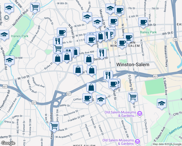 map of restaurants, bars, coffee shops, grocery stores, and more near 701 Shallowford Street in Winston-Salem