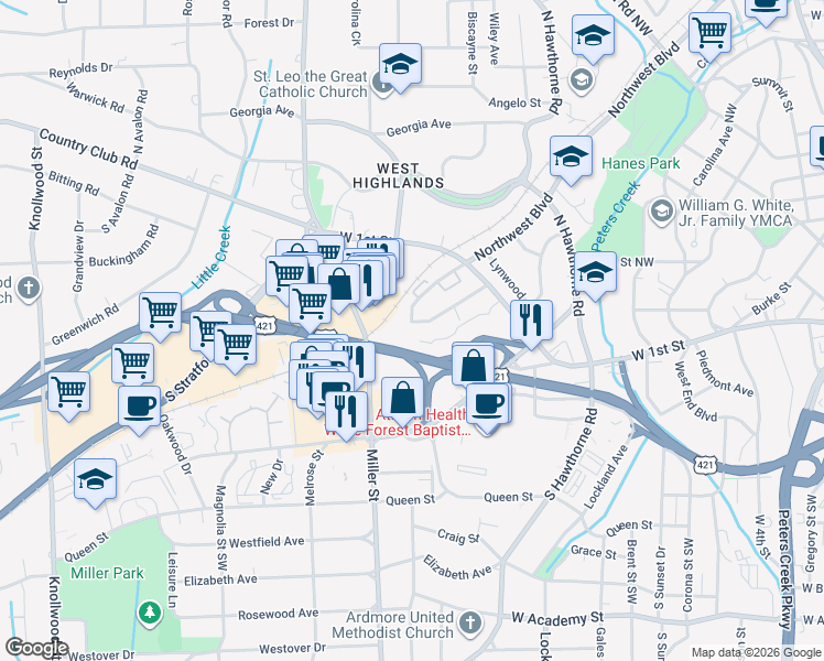 map of restaurants, bars, coffee shops, grocery stores, and more near 131 Miller Street in Winston-Salem